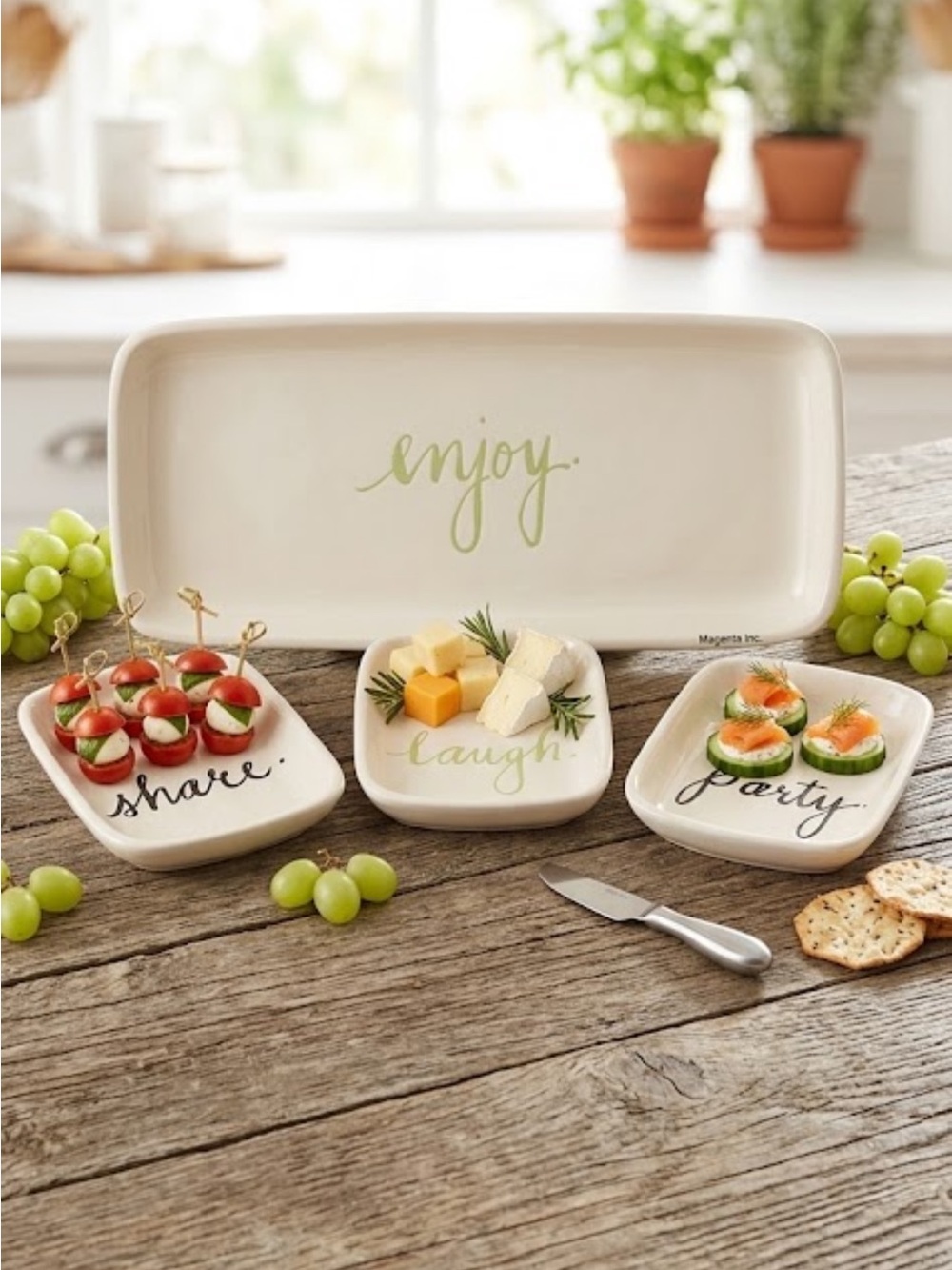 Magenta Appetizer Set 4 Piece  Nesting Serving Party Dishes with Wording